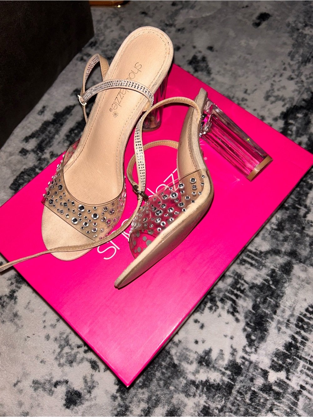 Shoe Dazzle Nude Crystal Stud Clear Block Heel Slingbacks